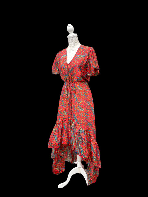 Ruby Red Boho SILK maxi dress | Asymmetric long length Summer| Royal Elegant godess hippie | Vacation | Festival Wedding Party outfit