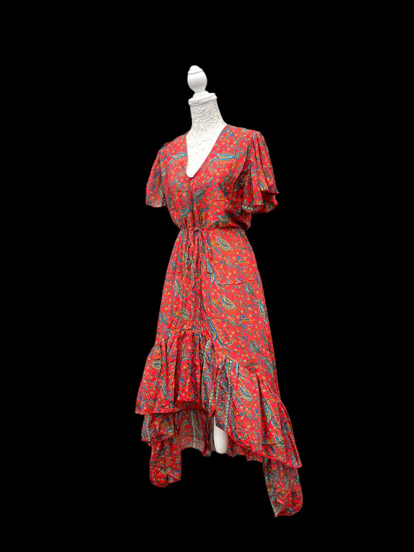 Ruby Red Boho SILK maxi dress | Asymmetric long length Summer| Royal Elegant godess hippie | Vacation | Festival Wedding Party outfit