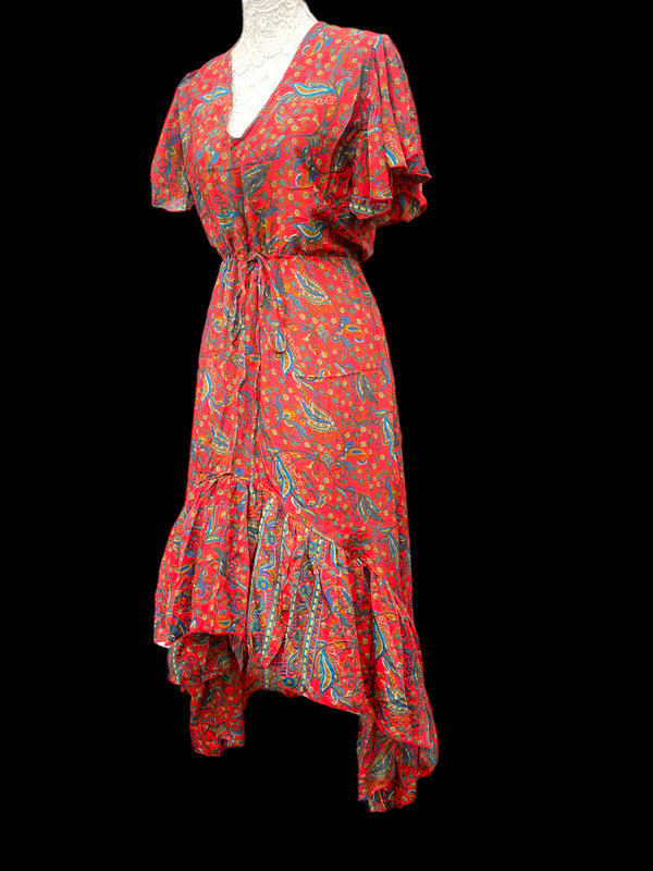 Ruby Red Boho SILK maxi dress | Asymmetric long length Summer| Royal Elegant godess hippie | Vacation | Festival Wedding Party outfit