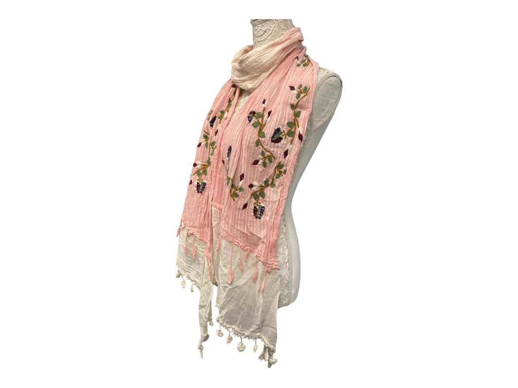 Festival Stall LTD Boho festival Clothing Pink & Ivory dip dyed SCARF, Wrap tassel lettuce Embroidered boho hippie cream & ivory lace