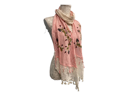 Festival Stall LTD Boho festival Clothing Pink & Ivory dip dyed SCARF, Wrap tassel lettuce Embroidered boho hippie cream & ivory lace
