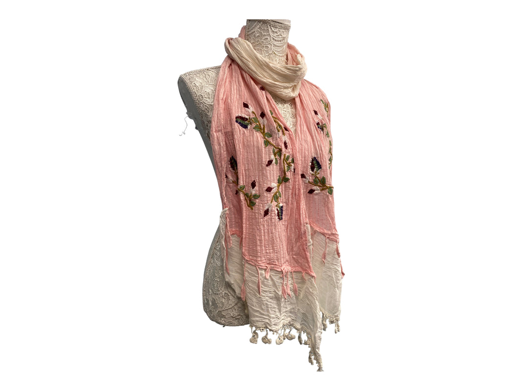 Festival Stall LTD Boho festival Clothing Pink & Ivory dip dyed SCARF, Wrap tassel lettuce Embroidered boho hippie cream & ivory lace