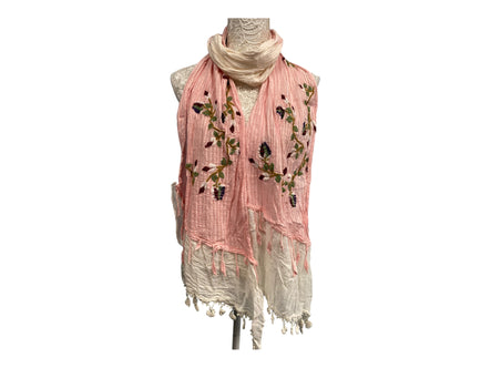 Festival Stall LTD Boho festival Clothing Pink & Ivory dip dyed SCARF, Wrap tassel lettuce Embroidered boho hippie cream & ivory lace
