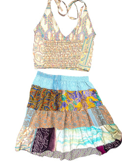 Crop Top & Mini Skirt Festival outfit Boho Hippy Sari Silk summer vest One Size