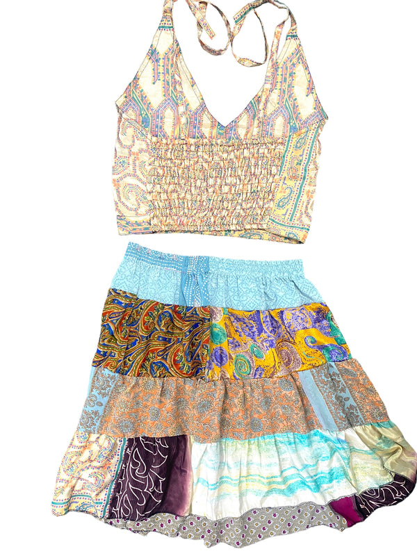 Crop Top & Mini Skirt Festival outfit Boho Hippy Sari Silk summer vest One Size