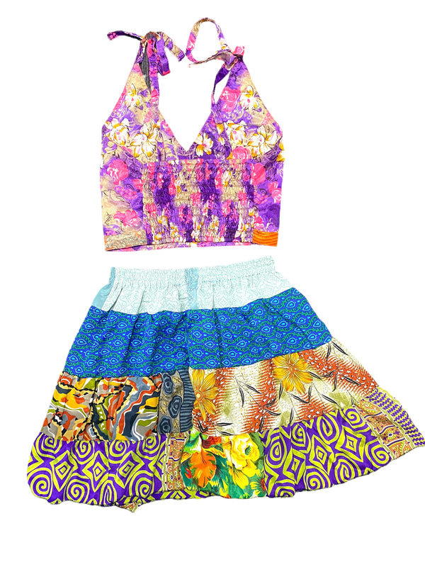 Crop Top & Mini Skirt Festival outfit Boho Hippy Sari Silk summer vest One Size