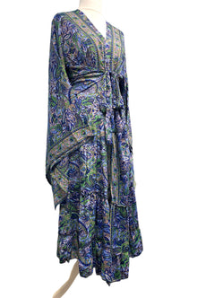Boho hippie SILK Kimono Cover Up Wrap Long gown robe dress duster coat BLUE