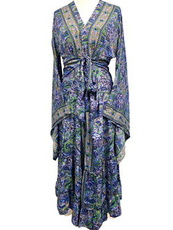 Boho hippie SILK Kimono Cover Up Wrap Long gown robe dress duster coat BLUE