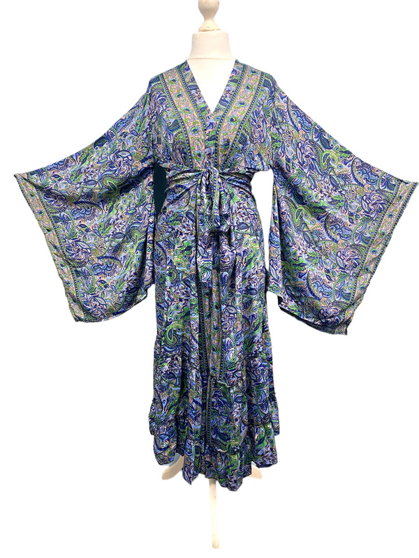 Boho hippie SILK Kimono Cover Up Wrap Long gown robe dress duster coat BLUE