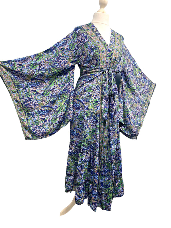 Boho hippie SILK Kimono Cover Up Wrap Long gown robe dress duster coat BLUE