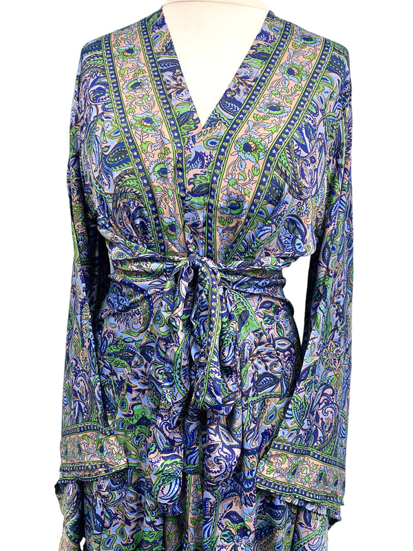 Boho hippie SILK Kimono Cover Up Wrap Long gown robe dress duster coat BLUE