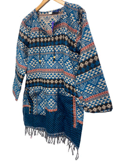TUNIC Boho hippie JUMPER PULLOVER SWEATER BLUE winter warm tassel top UK 8 - 14