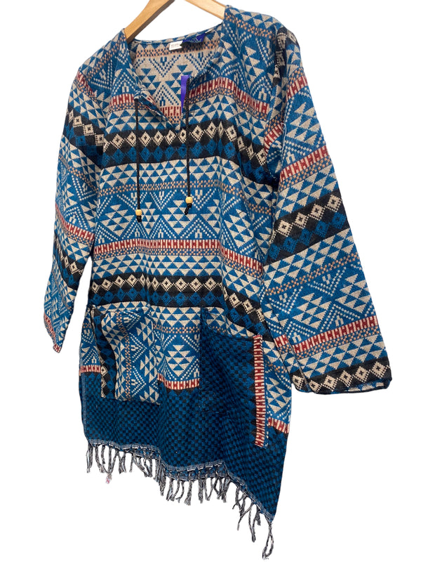 TUNIC Boho hippie JUMPER PULLOVER SWEATER BLUE winter warm tassel top UK 8 - 14