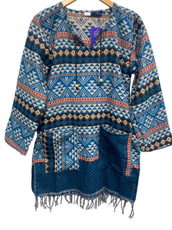 TUNIC Boho hippie JUMPER PULLOVER SWEATER BLUE winter warm tassel top UK 8 - 14