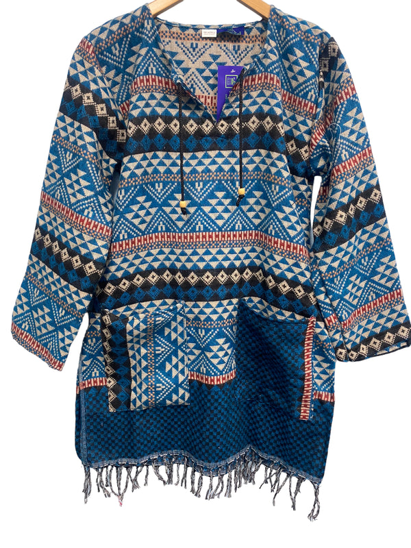 TUNIC Boho hippie JUMPER PULLOVER SWEATER BLUE winter warm tassel top UK 8 - 14
