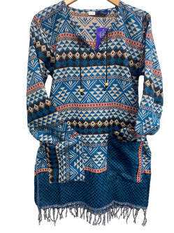 TUNIC Boho hippie JUMPER PULLOVER SWEATER BLUE winter warm tassel top UK 8 - 14