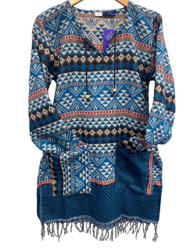 TUNIC Boho hippie JUMPER PULLOVER SWEATER BLUE winter warm tassel top UK 8 - 14