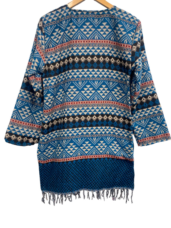 TUNIC Boho hippie JUMPER PULLOVER SWEATER BLUE winter warm tassel top UK 8 - 14