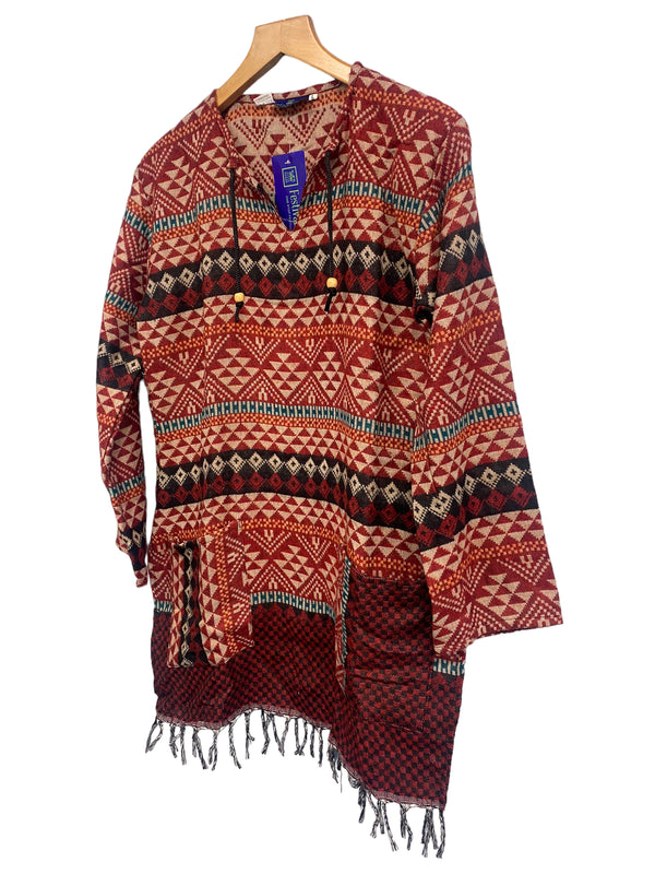 Festival Stall LTD Boho festival Clothing Boho hippie red check winter warm tassel long sleeve blouse top tunic uk 12 14