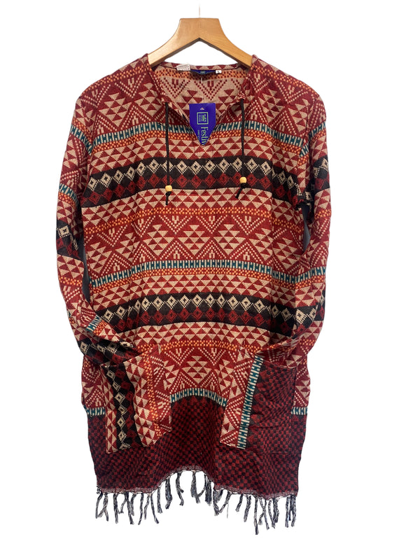 Festival Stall LTD Boho festival Clothing Boho hippie red check winter warm tassel long sleeve blouse top tunic uk 12 14