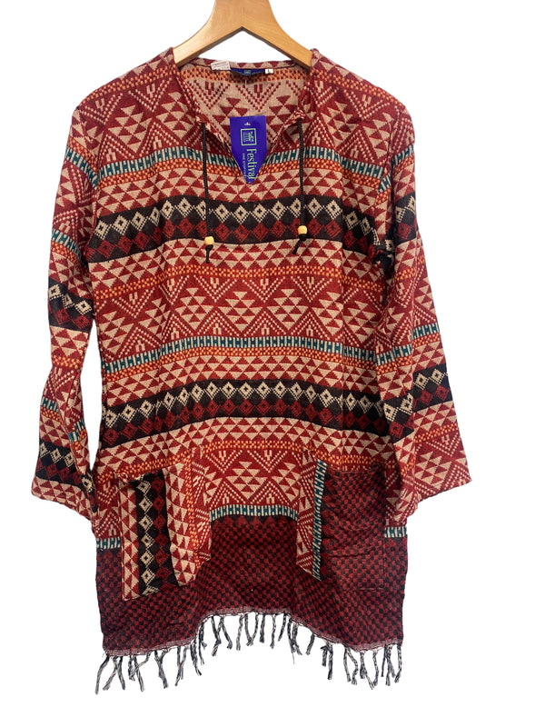 Festival Stall LTD Boho festival Clothing Boho hippie red check winter warm tassel long sleeve blouse top tunic uk 12 14