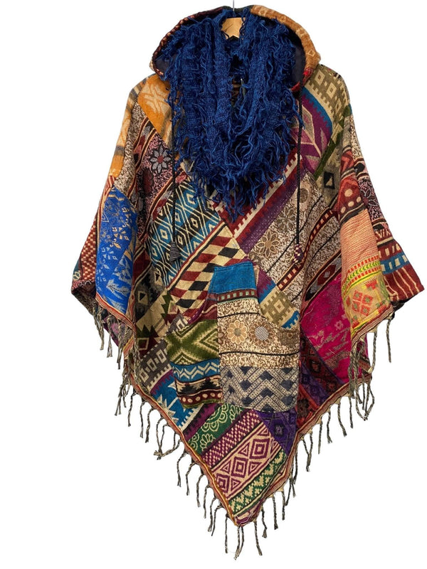 Festival Stall LTD Boho festival Clothing Scarf Wrap Blue Boho hippy goth funky shaggy tassel knit pashmina gift present
