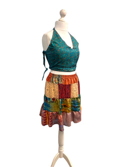 Crop Top & Mini Skirt Festival outfit Boho Hippy Sari Silk summer vest One Size