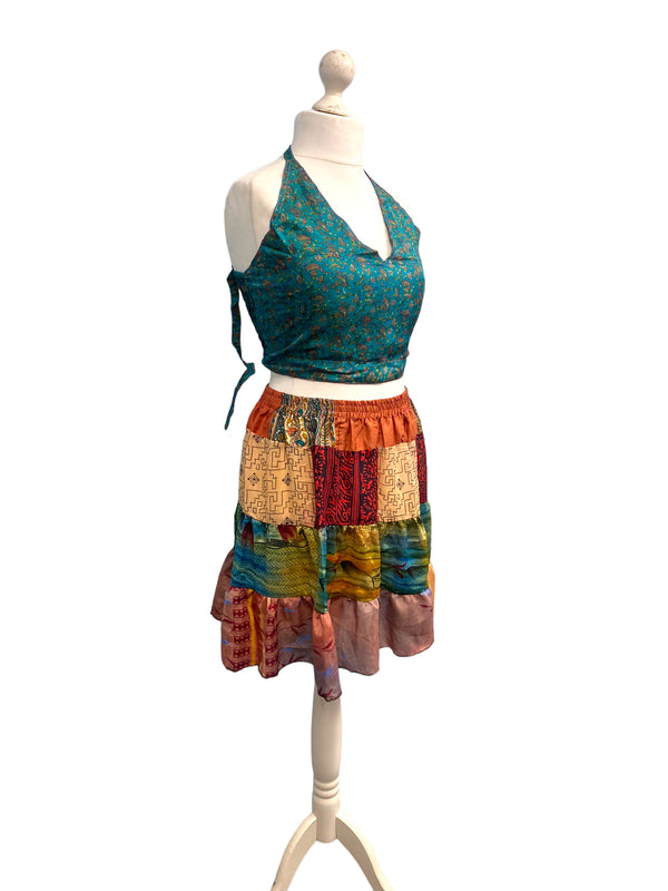 Crop Top & Mini Skirt Festival outfit Boho Hippy Sari Silk summer vest One Size