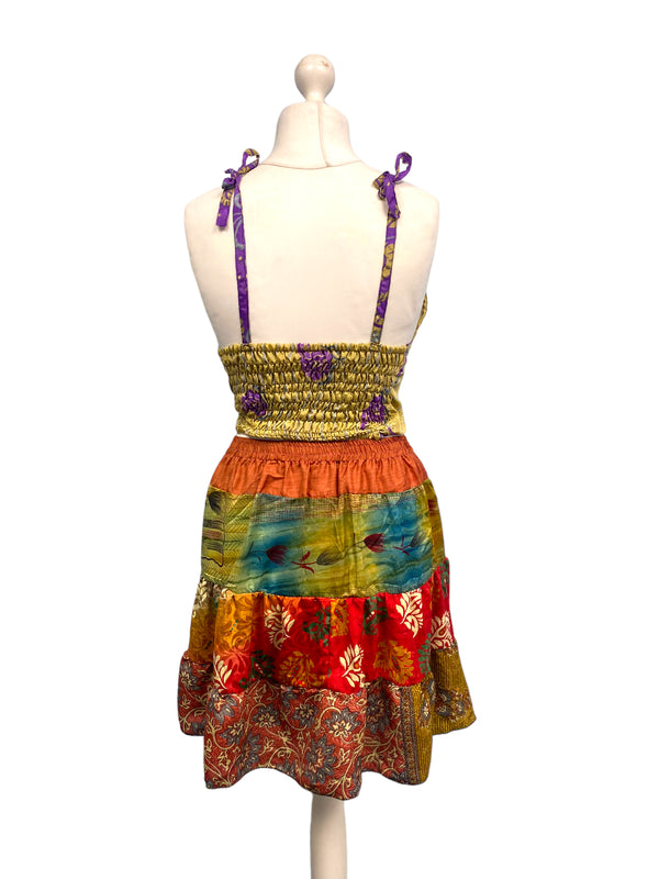 Crop Top & Mini Skirt Festival outfit Boho Hippy Sari Silk summer vest One Size