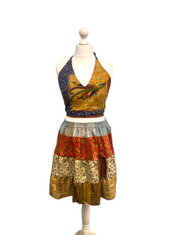 Crop Top & Mini Skirt Festival outfit Boho Hippy Sari Silk summer vest One Size