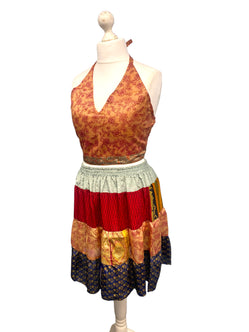 Crop Top & Mini Skirt Festival outfit Boho Hippy Sari Silk summer vest One Size