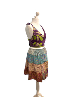 Crop Top & Mini Skirt Festival outfit Boho Hippy Sari Silk summer vest One Size