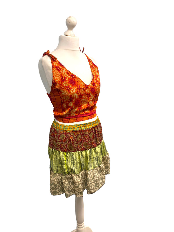 Crop Top & Mini Skirt Festival outfit Boho Hippy Sari Silk summer vest One Size