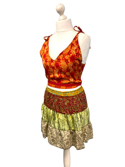 Crop Top & Mini Skirt Festival outfit Boho Hippy Sari Silk summer vest One Size