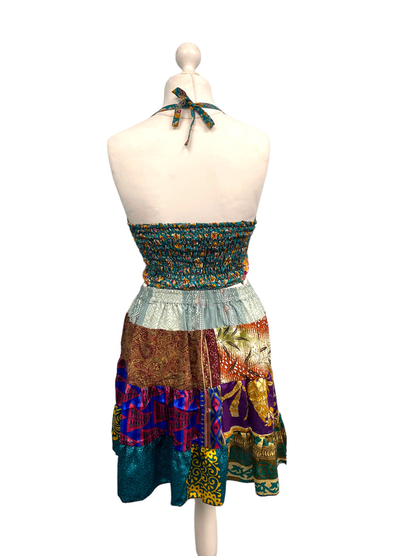 Crop Top & Mini Skirt Festival outfit Boho Hippy Sari Silk summer vest One Size