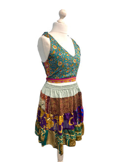 Crop Top & Mini Skirt Festival outfit Boho Hippy Sari Silk summer vest One Size