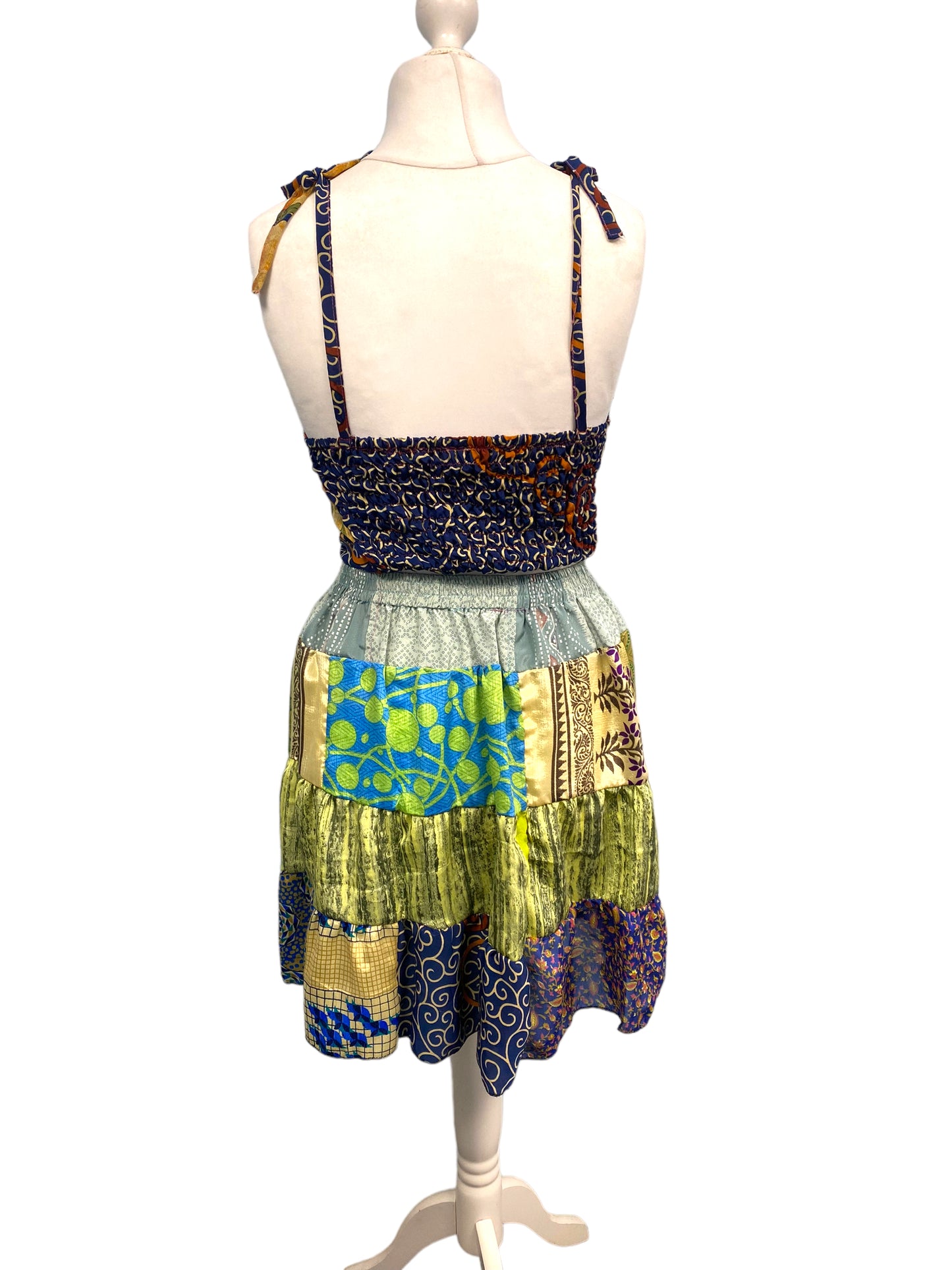 Crop Top & Mini Skirt Festival outfit Boho Hippy Sari Silk summer vest One Size