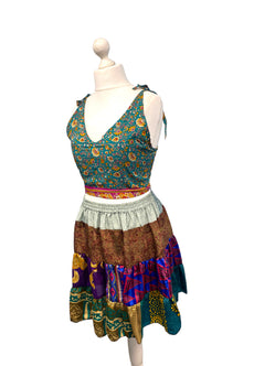 Crop Top & Mini Skirt Festival outfit Boho Hippy Sari Silk summer vest One Size