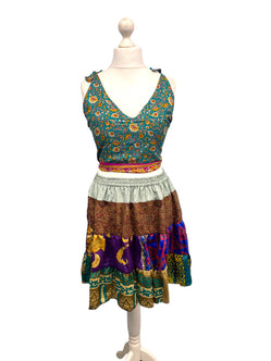Crop Top & Mini Skirt Festival outfit Boho Hippy Sari Silk summer vest One Size