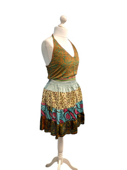 Crop Top & Mini Skirt Festival outfit Boho Hippy Sari Silk summer vest One Size