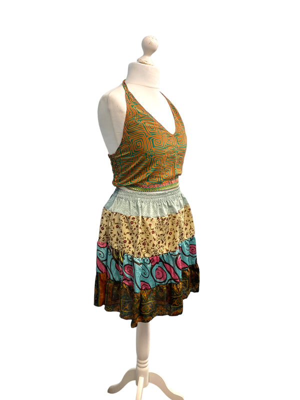 Crop Top & Mini Skirt Festival outfit Boho Hippy Sari Silk summer vest One Size