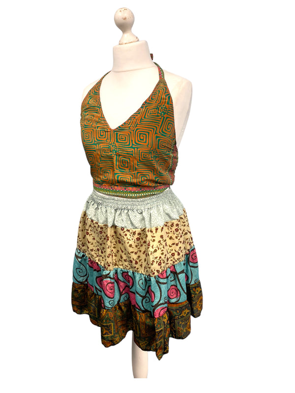 Crop Top & Mini Skirt Festival outfit Boho Hippy Sari Silk summer vest One Size