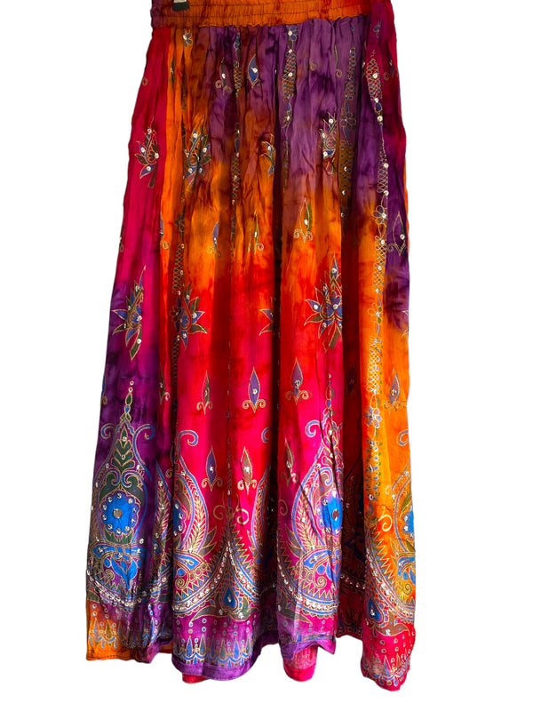 Peony Long Skirt, PINK & ORANGE, Tie Dye Sequined, Festival Boho Hippie Maxi style UK 8 10 12 14