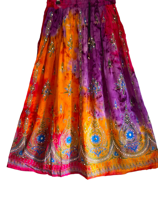 Peony Long Skirt, PINK & ORANGE, Tie Dye Sequined, Festival Boho Hippie Maxi style UK 8 10 12 14