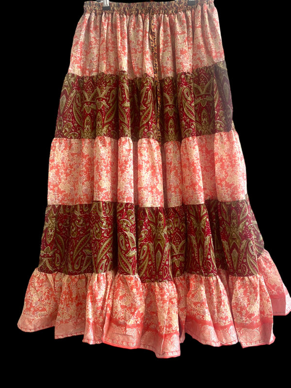 PINK & RED Full circle SARI SILK Glow Skirt - Size S-M-L adjustable waist, 25 ft , ATS, Silk Full Circle Skirt, Boho, Cosplay, Steampunk