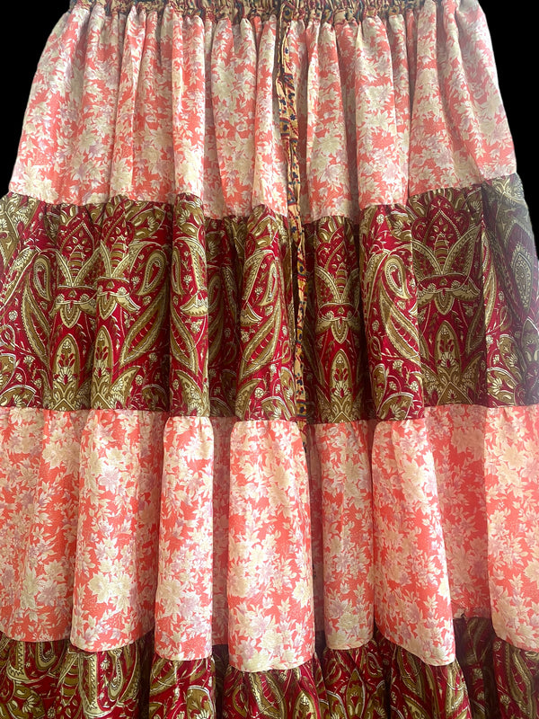 PINK & RED Full circle SARI SILK Glow Skirt - Size S-M-L adjustable waist, 25 ft , ATS, Silk Full Circle Skirt, Boho, Cosplay, Steampunk