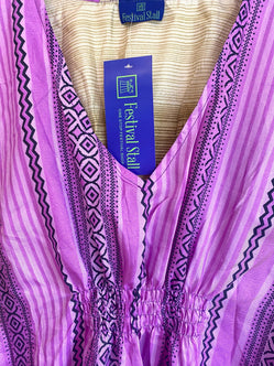 Kaftan Tunic Top, Purple & Beige Boho hippy festival style, ,sari silk, Blouse, Beach