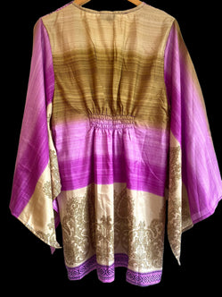Kaftan Tunic Top, Purple & Beige Boho hippy festival style, ,sari silk, Blouse, Beach