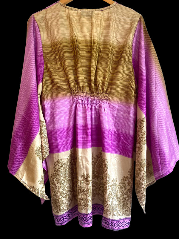 Kaftan Tunic Top, Purple & Beige Boho hippy festival style, ,sari silk, Blouse, Beach