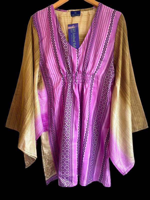 Kaftan Tunic Top, Purple & Beige Boho hippy festival style, ,sari silk, Blouse, Beach